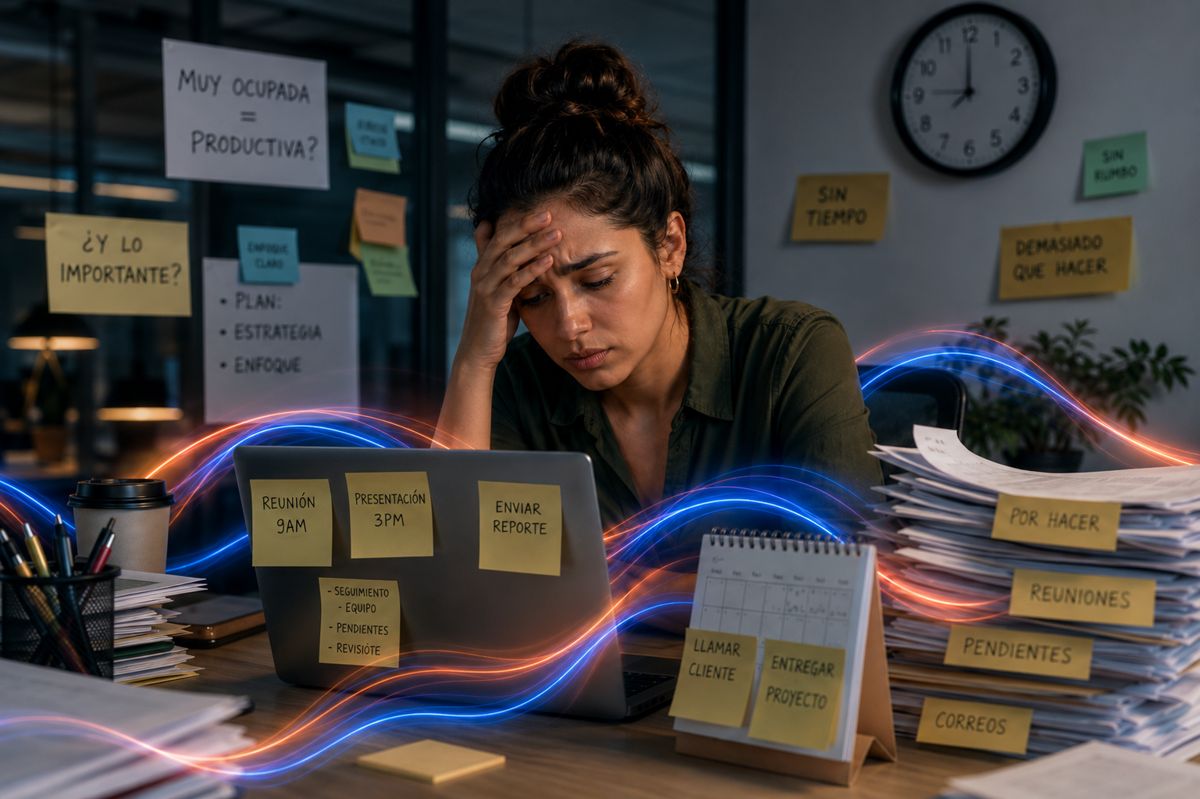 Overwhelmed professional surrounded by sticky notes asking if busy equals productive