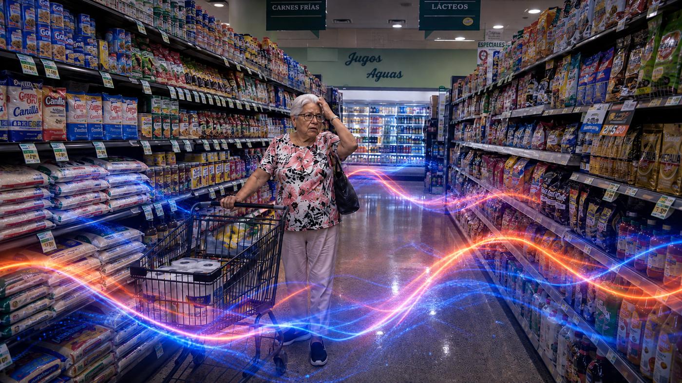 Shopper alone in a full supermarket aisle as streams of digital light rush past